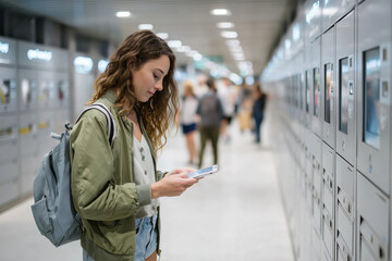 Modern automated parcel lockers in a shopping mall, people scanning QR codes, bright lighting, clean design