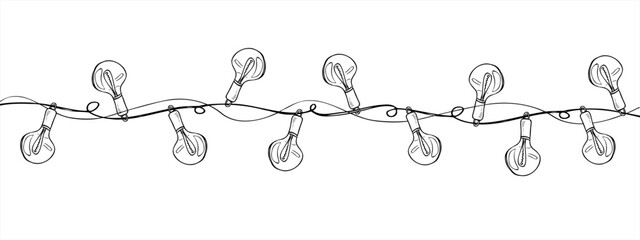 Decorative monochrome string lights vector illustration painted by black inks. Holiday garland with glass lamps for Christmas, Diwali, Chinese New Year festivals and Mexican cultural celebrations