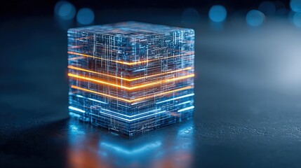 Abstract Technology Cube with Glowing Lines: Modern Data Visualization for Business and Innovation
