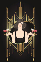 Art Deco vintage invitation template design with illustration of flapper girl over patterns and frames. Retro party background set in1920s style. Vector for glamour event, thematic wedding or jazz