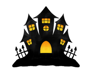 Halloween haunted house, Handdrawn watercolour painting, isolated clipart element for design decoration, web site footer, holiday ornament.