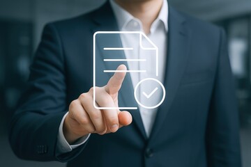 Obraz premium Businessman pressing document icon. Digital transformation, online agreement concept, electronic signature, business technology