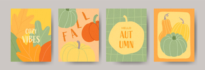 Collection of autumn illustrations with colorful pumpkins and leaves. For festive marketing, hello autumn posts, Thanksgiving graphics, or seasonal printable. Bright, cheerful and trendy
