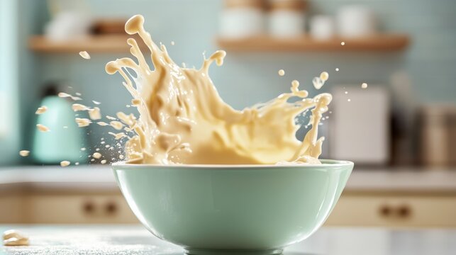 A bowl of creamy mixture splashes dramatically, capturing the dynamic moment of cooking in a bright kitchen setting.