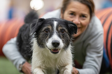 Senior dog participating in gentle agility course, trainer assisting carefully, 