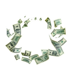  Flying 100 American dollars banknotes, isolated on white background 