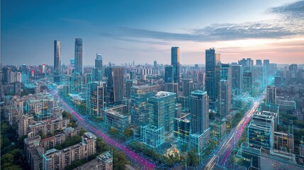 Futuristic Cityscape with Digital Network Overlay: Modern Architecture, Technology, and Urban Connectivity Concept