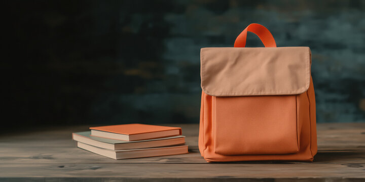 Still life shot of a backpack and books on a wooden desk