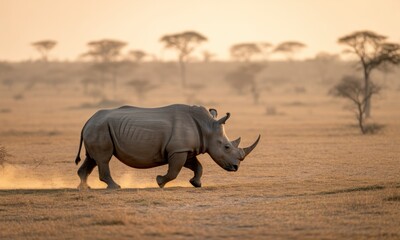 Fototapeta premium Rhino walks on dry savanna plains, lit by soft sunset light; dusty