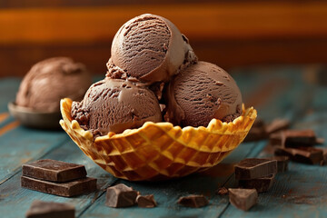 Gourmet chocolate ice cream scoops in a waffle bowl with chocolate pieces