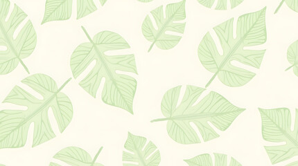 A seamless pattern with light green monstera leaves. A subtle and elegant tropical background for textiles, wallpaper, or wrapping paper.