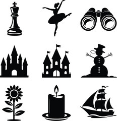 Black silhouette icons of chess king ballerina binoculars castle snowman sunflower candle sailboat