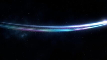 Fototapeta premium Vibrant abstract light trails in neon gradients of red, orange, and purple, gracefully curving with glowing particles on a dark background, creating a dynamic futuristic digital art composition.