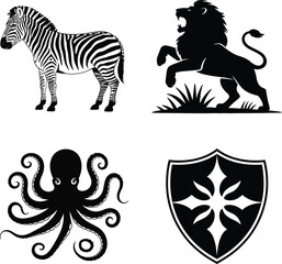 Fototapeta premium Black Silhouettes of Zebra Lion Octopus and Shield striped animal big cat