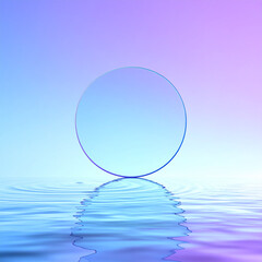 Translucent blue-purple circular glass frame, horizon reflection. Abstract style.