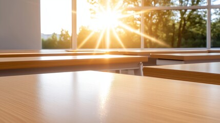 Bright classroom with wooden desks illuminated by sunlight streaming through large windows. It conveys a sense of learning, tranquility, and the start of a new educational journey.