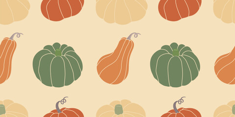 Vintage seamless pattern featuring various hand drawn pumpkins in earthy tones. Perfect for minimalist fall cards, eco friendly packaging, wrapping paper, and modern seasonal design projects