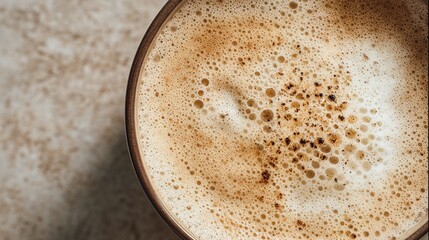Frothy coffee in a rustic ceramic mug captures the essence of comfort and indulgence, perfect for coffee lovers and cozy moments at home or in cafes.