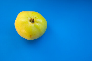 A saturated blue background creates a vibrant contrast for a yellow-green apple placed in the corner. The large space in the image emphasizes simplicity, minimalism, and the opportunity for text.