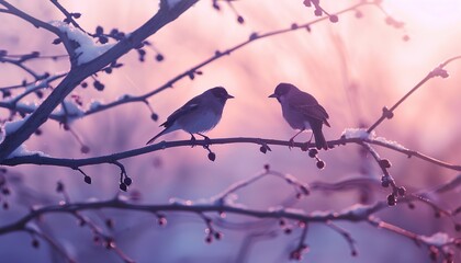 Two Birds on a Purple Branch at Dusk