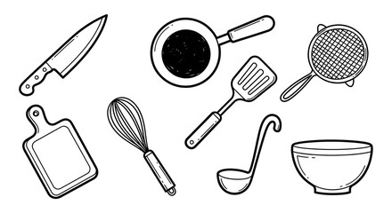 Culinary Tools: A simple graphic illustration of essential kitchen tools: knife, frying pan, spatula, strainer, cutting board, whisk, ladle and bowl.