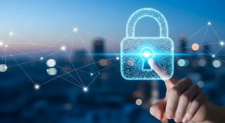 Hand touching a holographic padlock interface with a city background. Concept of access control, digital authentication, and interactive security systems.