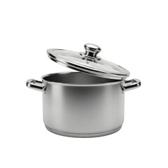 Stainless steel cooking pot with a glass lid, isolated on transparent background for culinary use