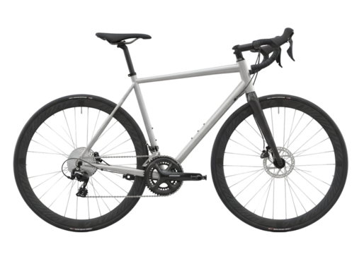 Modern silver gravel bicycle with disc brakes and black tires, isolated on transparent background - Powered by Adobe