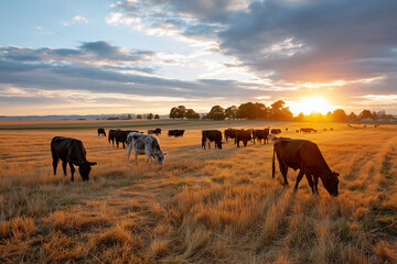 Cows grazing near harvested cornfield at sunset, pastoral landscape, 