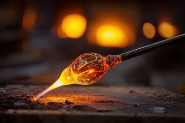 Glassblowing artisan crafts molten glass orb in workshop