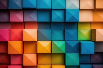 Abstract background of colorful wooden cubes arranged in a geometric and vibrant pattern