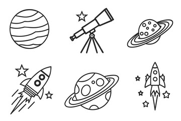 Space icons with rockets, planets, and telescope isolated on white