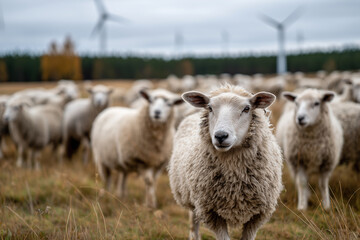 Fototapeta premium Herd of sheep grazing near wind turbines in autumn pasture,