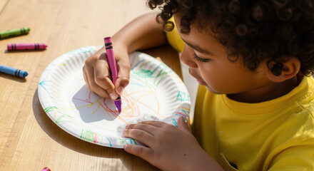 Young black boy drawing with crayons on paper plate at table. coloring 