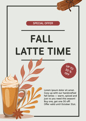 Coffee time poster with fall pumkin spice latte and cinnamon. Autumn or seasonal special offer template for coffee shop promotion, discount or cafe advertising.