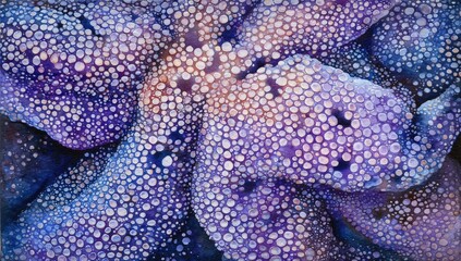 Abstract textured forms, dotted with light. Purple, violet, and blue hues