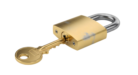 A brass padlock with a key inserted into the lock, isolated on transparent background