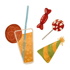 Lemonade, candy, lollipop, holiday cap, a set of elements. Hand drawn in watercolor and pastel in shades of yellow, green, red, and orange. For design