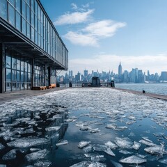 Frozen waterfront, modern building, city skyline