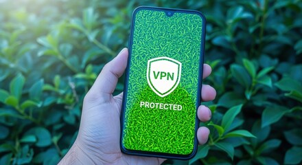 Smartphone Displaying VPN Protected Icon for Online Security and Data Protection with Green Background