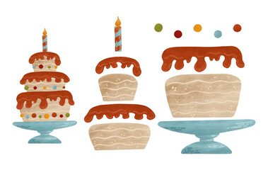 Cake with a candle or cupcake - a design builder, isolated elements on a white background. A watercolor, pastel illustration in autumn colors