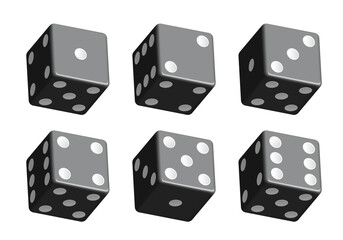 Black dice with white dots. Vector set isolated on white background. 3d dice.