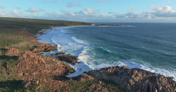 4k Aerial views of rugged rocky coastline in South West Australia at sunset