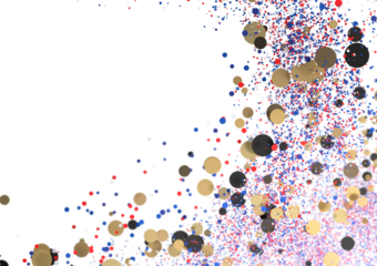 Festive backdrop with gold, black, red, blue confetti. Perfect for celebration designs.