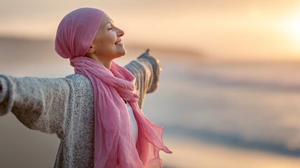 Empowered survivor embracing life's beauty, finding strength and peace during sunrise with arms outstretched, symbolizing hope and resilience after challenging journey