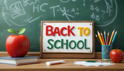 A blackboard panel with "Back to School" in bold white letters and surrounding classroom doodles and icons, HD and 4k image