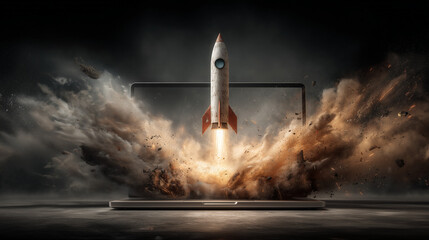 Semi-Cartoon Rocket Launch from Laptop Screen