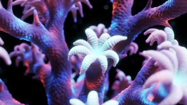 Vibrant fluorescent coral polyps glowing in a deep sea environment. A stunning macro view of colorful marine life.