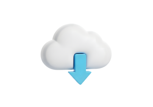 3d cloud with blue download arrow, isolated on transparent background