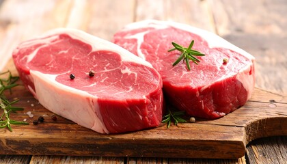 Fresh raw beef steaks on wooden board